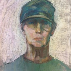 Self Portrait with Green Hat, Pastel, 24” x 18”, 2025